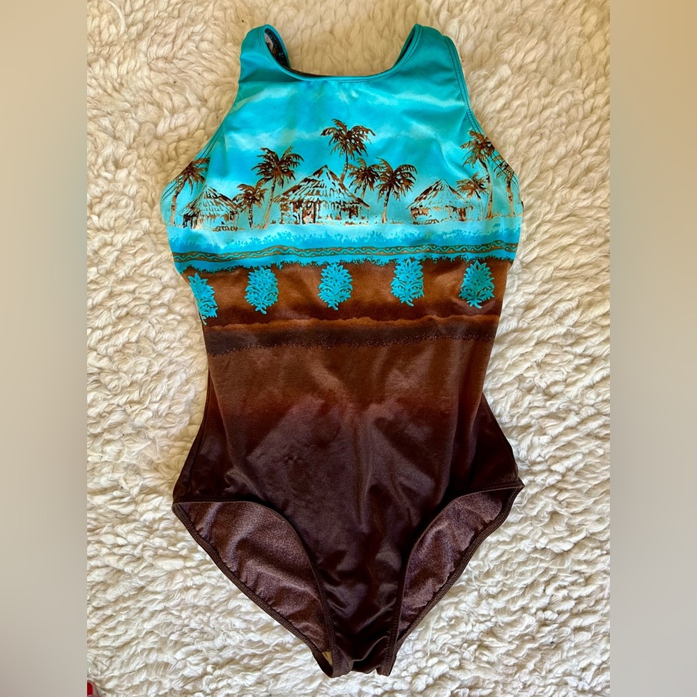 Vintage 80s or 90s Tropical Brown & Turquoise Palm One Piece Swimsuit Sz 10-12